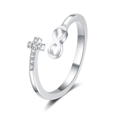 Classic Style Cross Adjustable Brass Rings for Hot Selling Zircon Silver Plated Opening 8 Shape Finger Rings Women