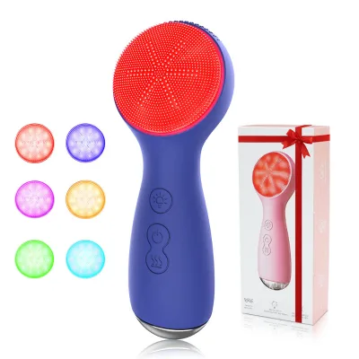 IPX6 Waterproof Hand Held Heated Silicone Facial Cleansing Brush Sonic Vibration Hot Compress LED Light Deep Cleansing for Face
