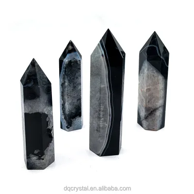 Wholesale Polished Natural Crystal Black Sardonyx Tower Point Crystal Healing Obelisk Black Agate Wand for Home Decoration