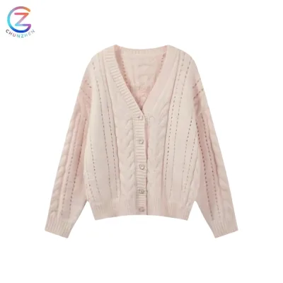Pink Korean Button Hollowed-Out Cable Knit Cardigan Sweater for Women Autumn/Winter Casual Loose Versatile Knit Top