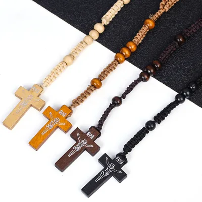 Jesus Cross Pendant Natural Wood Beads Rosary Necklace with Cross and Jesus Pendant Religious Jewelry Wholesale