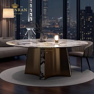 White Gold Exotic Marble Bronze Mirror Six Petal Arc Stainless Steel Base Home Living Room Restaurant Round Dining Table
