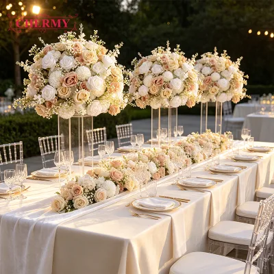 OEM Champagne & White Rose Babysbreath Artificial Flower Ball Wedding Table Centerpiece Event Banquet Decor