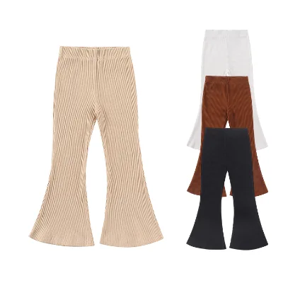Girls Ribbed Flared Pants Children Cotton Kint Ruffle Tights Bell-Bottoms Custom Solid Kids Girls Ribbed Leggings