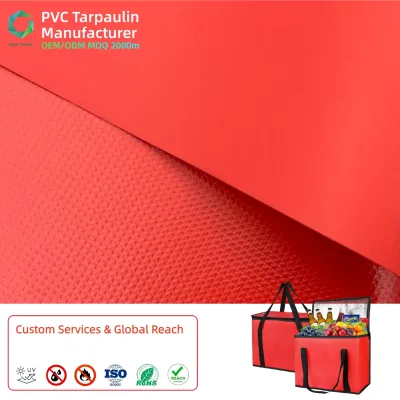 Waterproof OEM Thick Insulation Box Fabric Collapsible Mildew Resistant 500*500D 610gsm Red PVC Tarpaulin for Food Delivery Bags