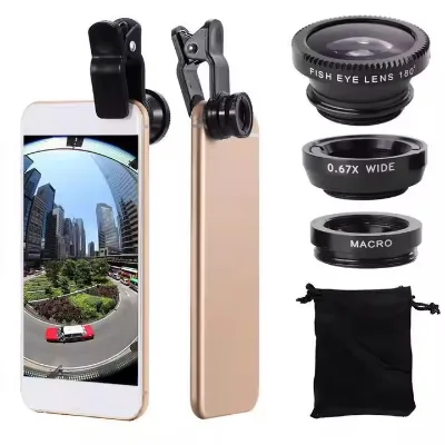 3 in 1 Cell Phone Camera Lens Kit, 180° Fisheye Lens + 0.67X Wide Angle Lens + Macro Lens, Clip-On Universal Mobile Phone Lens