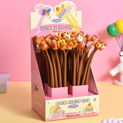 48 Pcs with Box Cute Cartoon Shaker Capybara Shaker Neutral Pen Swing Shake Relief Pen Student Stationery Back to School