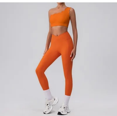 Lace One Shoulder Bra Off Shoulder Sports Top and Cross Waist High Waist Fitness Leggings Sets for Women