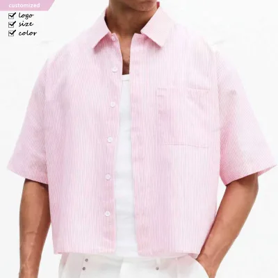 Streetwear Manufacturer 100% Cotton Men's Casual Striped Polo Button up Shirt Custom Printed Design Boxy Cropped Men's T-Shirt