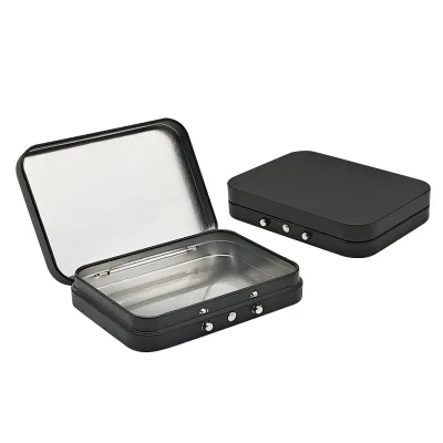 Customized Tin Boxes with Child Safety Lock Rectangle Hinged Lid Child Resistant Metal Storage Cans for Pill Candy Herb Victicm