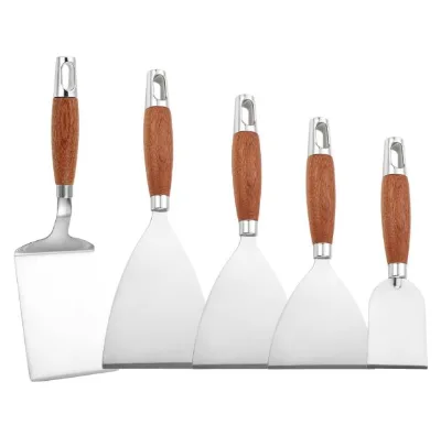 Wooden Handle Stainless Steel Cooking Spatula Teppanyaki Pizza Roller Knife Baking Tool Non-Stick Anti-Slip High Temperature
