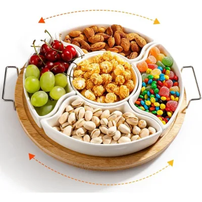 Ceramic Divided Serving Dishes with Bamboo Tray, 360 Rotatable Serving Bowls with Handles | Homex_BSCI Factory