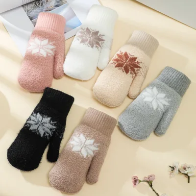 Winter Women Couple Padded and Thickened Double-layer Warm Snowflake Gloves Wool Knitting Students Riding Full Finger Gloves