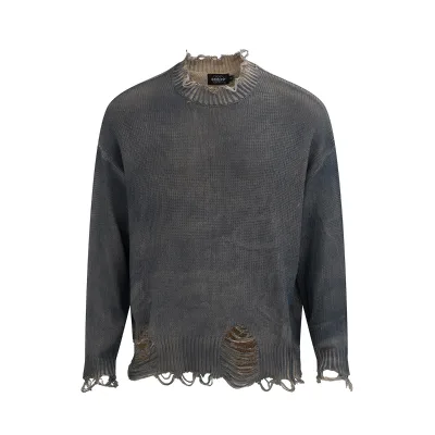 100% Cotton Winter Pullover Sweatshirt Diablo Hole Knit O Neck High Street Distressed Base Shirt Front Logo Design