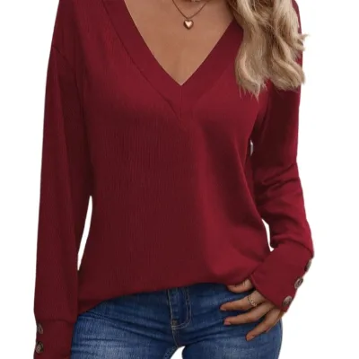 Women's Casual Solid Pattern Long Sleeve T-shirt Crew Neck Washed Technique Full-length Longsleeve Shirt Clothing