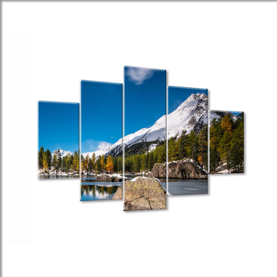 5 Panel Custom Print Snow Mountain Forest Lake Painting Canvas Wall Art Mural Landscape Picture
