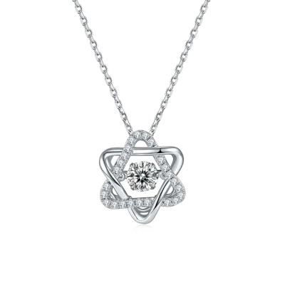 White Gold Plated 925 Sterling Silver Star Shaped Dancing Moissanite Pendant in a Ladies Hexagonal Necklace