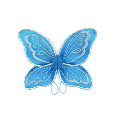 Blue Polyester Wings Halloween Party Carnival Kids Costume Nylon Fabric Silver Glitter Butterfly Fairy Wings