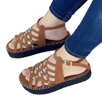 2022 European and American New Summer Casual Fish Mouth Wedge Heel Cross Straps Hollow Large Size Roman Sandals Women's Shoes