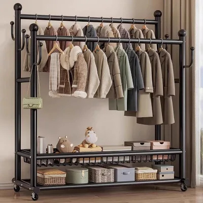 Double Rod Floor Clothes Racks for Hanging Clothes Movable Multifunctional Metal Clothes Racks Rails for Bedroom Living Room
