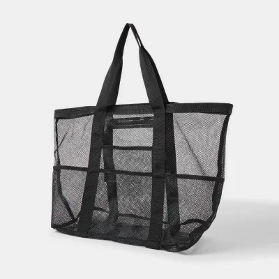 New Zipper Top Casual Mesh Tote Bag Foldable Shoulder Bag for Beach Picnic Vacation
