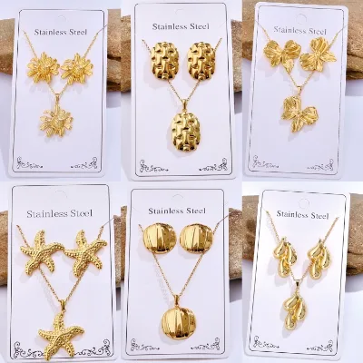 Golden Stainless Steel Bow Sunflower Small Bow Chrysanthemum Diamond Charm Pendant Necklace Earring Set