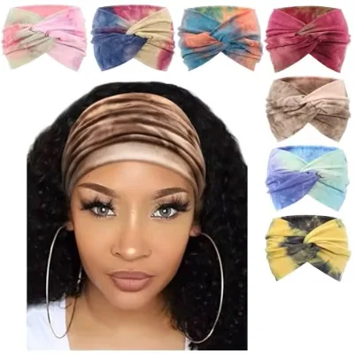 Hot Sale 18.5cm Wide Elastic Tie-Dyed Headband Knotted Athletic Yoga Sport Headband for Women