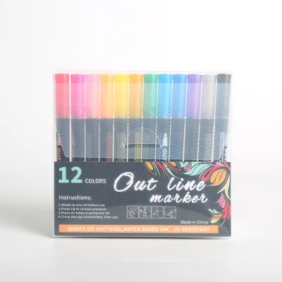 12 /24 Colors Double Line Doodle Contour Marker Metallic Flash Marker Set for Student Painting Writing