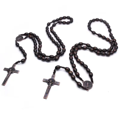 Crystal Wholesale Wooden Rosary Necklace Cross Weave Deep Brown Wood Beads Cross Prayer Beads Necklace