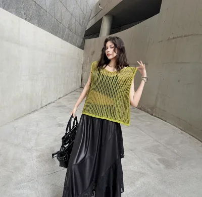 2026 New American Style Spicy Girl Hollow Out Perspective Knitted Vest 2026 Loose Sleeveless Cover Vest