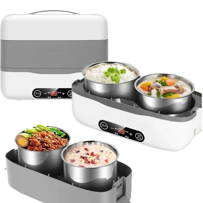 Double-Deck 2l Electric Heated Lunch Box Automatic Heat Cut-Off with Timer for Home and Office Electric Lunch Box Food Heater