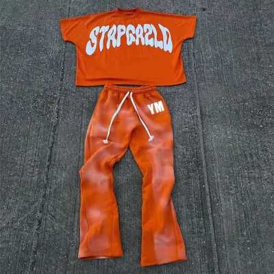 High Quality Custom logo Puff Print t Shirt and Acid Wash Sweatpants Sweatsuit Stacked for Men