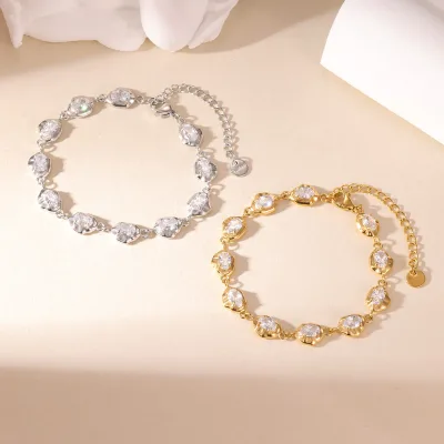 18k PVD Gold Plated Women's Zircon Bangle Chunky Hammered Water Drop Stainless Steel Bracelet for Women