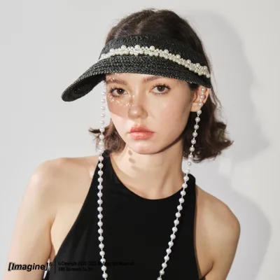 Summer New Pearl Chain Hand Woven Handmade Adjustable Black Breathable Sun Protection Shade Visor Hat