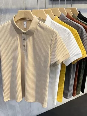 OEM Short Sleeved Men's Summer Striped Jacquard Knitted Breathable Ice Silk Quick Dry Casual Versatile Color for Shirt Shirt