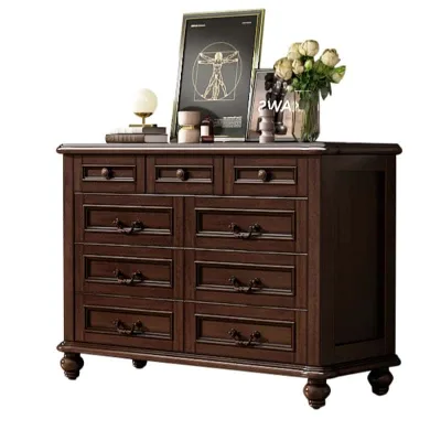 American Style Retro Wooden Mahogany Living Room & Bedroom Cabinet Solid Wood 9-Drawer Storage Dresser for Home Hotel & Villa