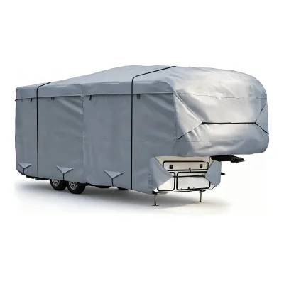 All Weather 5th Wheel RV Cover 5 Layer Fabric Water Resistant Ripstop Camper Cover with Elastic Hem Adjustable Wind Straps