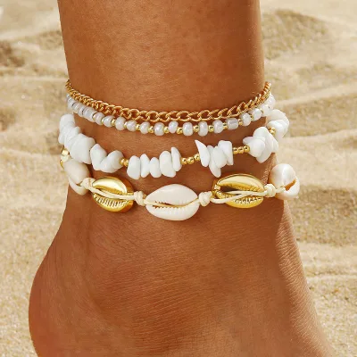 Wholesale Summer Boho Shell Anklet Set Vintage Handmade Beaded Multi Layered Foot Chain Women Vacation Fine Jewelry Accessory