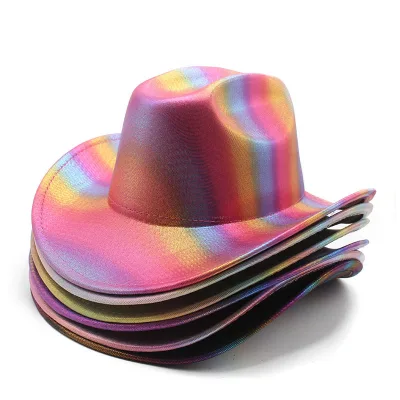 Shiny Rainbow Gradient Western Cowboy Hat Curved Brim Carnival Music Festival Party Cosplay Costume Decor Wholesale Hat Factory