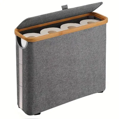 Transparent Viewing Window Oxford Cloth Foldable Toilet Paper Holder Storage Basket with Lid Classic Style Household Use