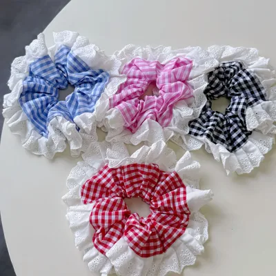 Women Wholesale French Design Big Candy Color Plaid Hair Scrunchies with Lace Ruffle