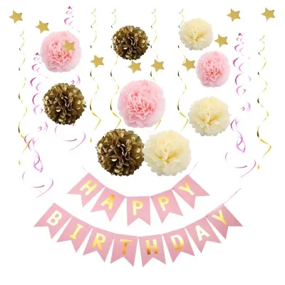 Pink Baby Shower Decorations for Girl With Happy Birthday Banner Baby Girl Flower Pom Poms for Birthday Party Decoration