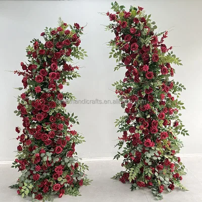 Wedding Stage Event Decoration Artificial Red Rose Flower Runner with Green Leaf