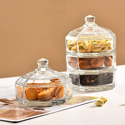Glass Candy Jar Multifunctional Three Layers Sweets Sugars Storage Pot Octagonal Storage Glass Sugar  Candy Jar with Lid