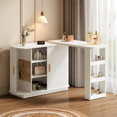 Modern Extendable Makeup Vanity Desk  L-Shaped Corner Dressing Table with Silding Fluted Door & Curved Desktop