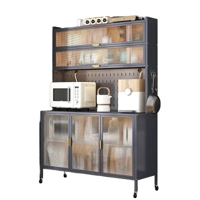 Modern Rolling Kitchen Buffet Cabinet Dustproof Wave Glass Door Food Storage Cabinet For Home Dining Room