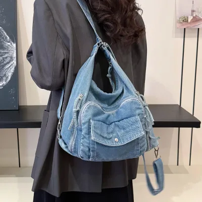 Vintage Fashion Washed Denim Bucket Bag for Women All-match Simple Commuting Drawstring Crossbody Bag