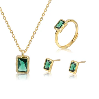 NEW New Design Fashion Sterling Silver 925 Jewelry 18k Gold Plated Emerald Earring Ring Necklace Sets for Women