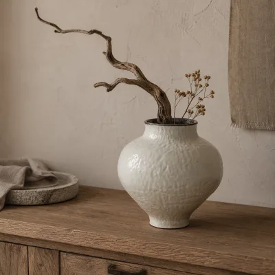 Speckled Cream White Hand Pinched Pottery Vase Irregular Uneven Surface Short Neck Table Centerpiece Vessel
