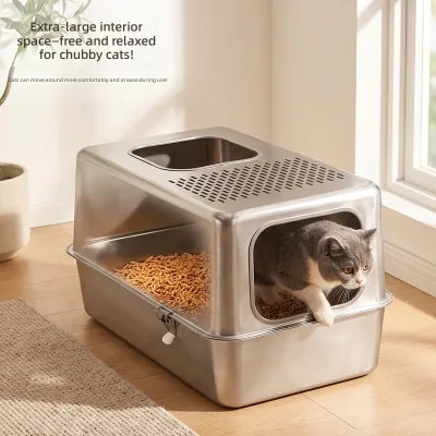Pet Size Stainless Steel Cat Litter Pan Square Shape Raised Edge Anti Splashing Design Easy to Clean for Household Cats